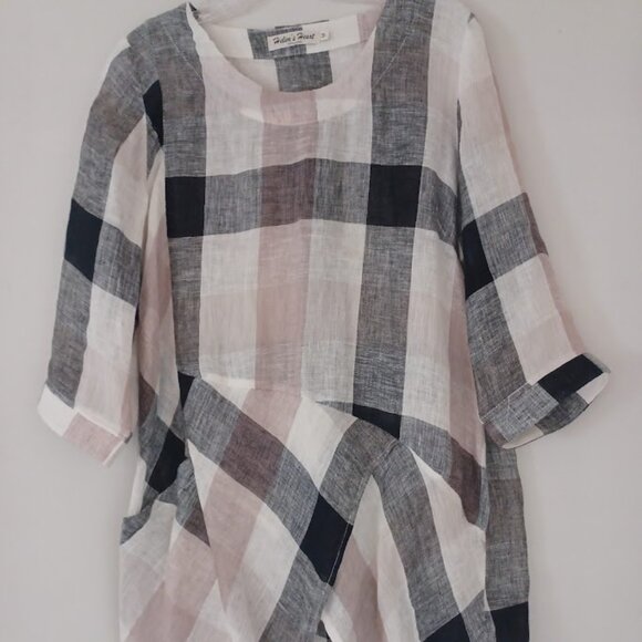 Helen’s Heart 100% Linen Plaid Tunic Top Women’s M Beige Black Gray Asymmetrical - Picture 1 of 8